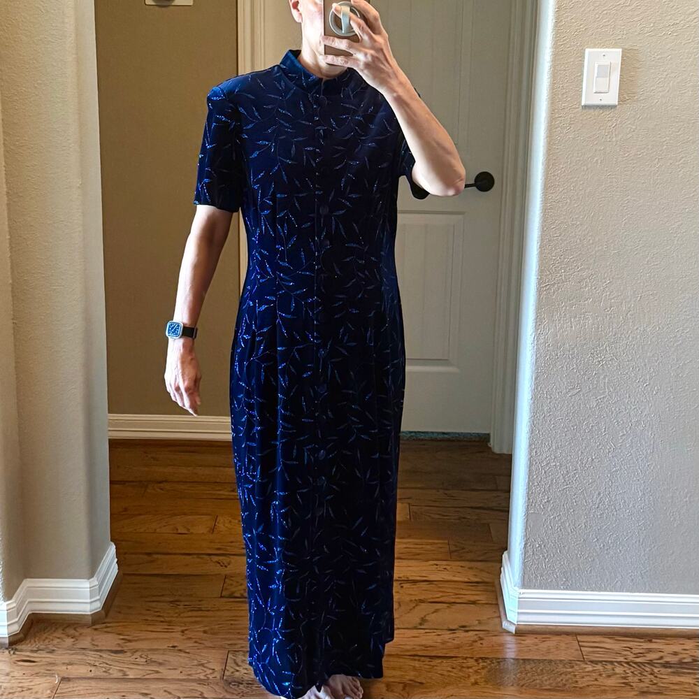 Another Thyme Blue Velvet Maxi Dress Glitter Leaf Pattern Vintage 18 Large 8 -10 - Picture 10 of 13